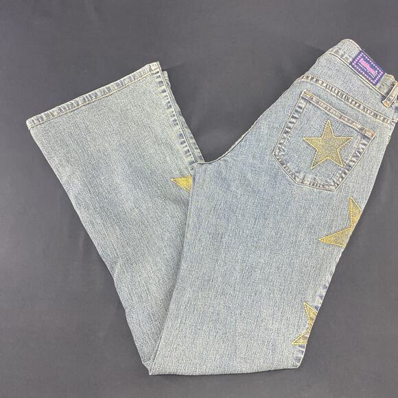 Vtg Y2K Bubblegum Jeans Womens 3/4 Flare Gold Glitter Embroidered Stars Low Rise - Picture 10 of 11